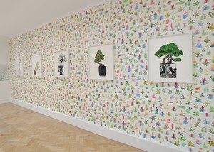 Installation view with Jonas Wood, Five Bonsais (2024). Artwork © Jonas Wood. Photo: Prudence Cuming Associates Ltd