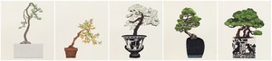 Jonas Wood Five Bonsais, 2024. Ukiyo-e Japanese-style woodcuts on Kizuki-White paper, in 5 parts, each: 24 ¾ × 22 inches (62.9 × 55.9 cm), edition of 35 + 3 AP © Jonas Wood