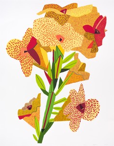 Jonas Wood Yellow Flower, 2022. 27-color screen print on Somerset tub-sized satin paper, 29 ⅞ × 23 ⅝ inches (75.9 × 60 cm), edition of 100 + 20 AP © Jonas Wood. Photo: Marten Elder