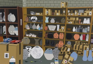 Jonas Wood Shio Shrine, 2024. Oil and acrylic on canvas, 72 × 104 inches (182.9 × 264.2 cm) © Jonas Wood. Photo: Marten Elder