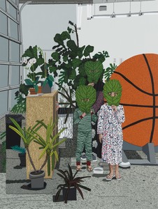 Jonas Wood Shio, Momo, and Kiki with Leaf Masks, 2024. Oil and acrylic on canvas, 93 × 70 inches (236.2 × 177.8 cm) © Jonas Wood. Photo: Marten Elder