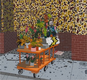 Jonas Wood Self-Portrait with Home Depot Cart, Joint, and Phone, 2024. Oil and acrylic on canvas, 90 × 98 inches (228.6 × 248.9 cm) © Jonas Wood. Photo: Marten Elder