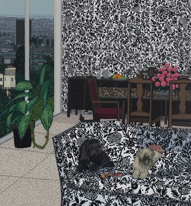 Jonas Wood Robot and Bear, 2024. Oil and acrylic on canvas, 100 × 93 inches (254 × 236.2 cm) © Jonas Wood. Photo: Marten Elder
