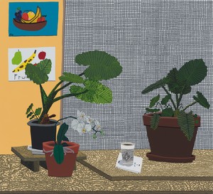 Jonas Wood Still Life with Coffee and Minibook, 2024. Oil and acrylic on canvas, 60 × 66 inches (152.4 × 167.6 cm) © Jonas Wood. Photo: Marten Elder