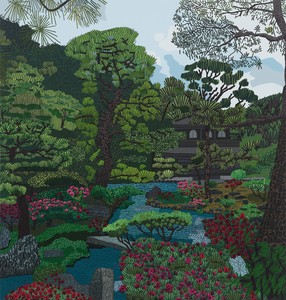 Jonas Wood Japanese Garden with Temple, 2024. Oil and acrylic on canvas, 100 × 105 inches (254 × 266.7 cm) © Jonas Wood. Photo: Marten Elder
