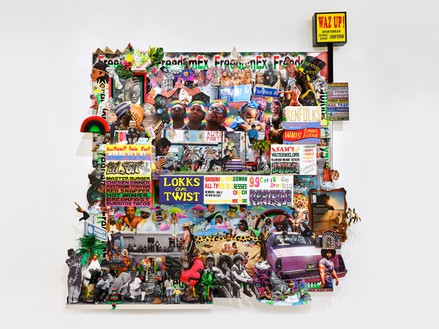 Lauren Halsey, slo but we sho: everybody is going to make it this time, 2024 Mixed media on foil-insulated foam and wood, 111 ¼ × 114 ¾ × 16 ¾ inches (282.6 × 291.5 × 42.5 cm)© Lauren Halsey. Photo: Thomas Lannes