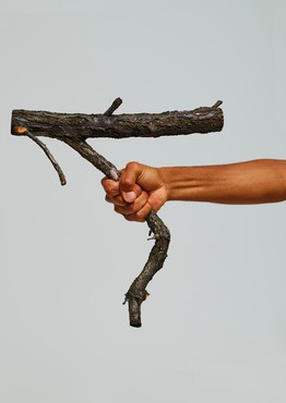 Outstretched hand grasping a cutoff tree branch