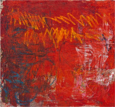 Abstract painting that is primarily red with blue, orange, and white gestural strokes