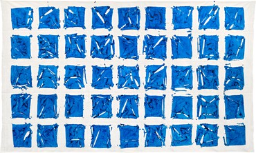 Painting that has been crumpled and knotted, painted over with ultra marine blue paint, and then spread out to reveal a pattern of alternations between pigment and ground