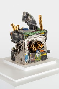 Kahlil Robert Irving Cement_Section [The Guardian. . . Could Be. . . ]Laying new PIPE, 2023–24. Glazed and unglazed ceramic, decals, lusters, and colored enamel, 16 ½ × 13 ½ × 15 ½ inches (41.9 × 34.3 × 39.4 cm) © Kahlil Robert Irving. Photo: Josh White