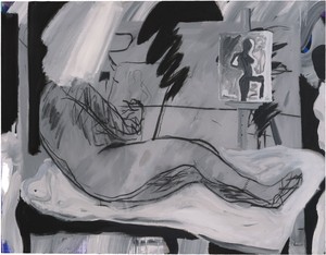 Spencer Sweeney Self-Portrait on Bed, 2024. Oil, charcoal, and acrylic on linen, 65 × 83 ¾ inches (165.1 × 212.7 cm) © Spencer Sweeney. Photo: Thomas Barratt