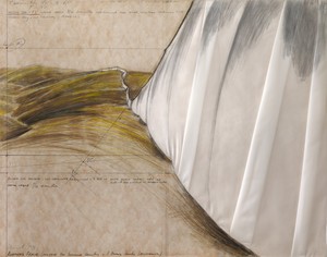 Christo, Running Fence (Project for Sonoma County and Marin County, California), 1974. Graphite, charcoal, wax crayon, ball point pen ink, fabric, and staples on cardboard, 22 ⅛ × 28 inches (56 × 71 cm) © Christo and Jeanne-Claude Foundation. Photo: Annik Wetter