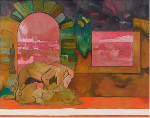 Peter Doig Lions (Ghost), 2024. Oil on canvas, 108 ¼ × 137 ¾ inches (275 × 350 cm) © Peter Doig. All rights reserved