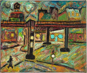Beauford Delaney Untitled (Greenwich Village Street, New York), 1945–46. Oil on linen, 18 × 21 ½ inches (45.7 × 54.6 cm) © 2024 Estate of Beauford Delaney, by permission of Derek L. Spratley, Esquire, Court Appointed Administrator