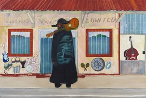 Peter Doig Music Shop, 2019–23. Pigment on linen, 78 ¾ × 116 ⅜ inches (200 × 295.6 cm) © Peter Doig. All rights reserved