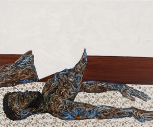 Amoako Boafo Shoulder Stand, 2023. Oil and paper transfer on canvas, 63 × 71 ⅞ inches (160 × 182.4 cm) © Amoako Boafo. Photo: Prudence Cuming Associates Ltd