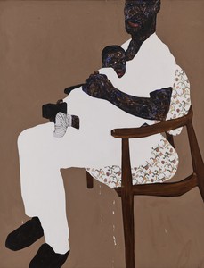 Amoako Boafo Nana Asare and the Tulip Chair, 2025. Oil and paper transfer on canvas, 83 ½ × 63 ⅞ inches (212 × 162.2 cm) © Amoako Boafo. Photo: Prudence Cuming Associates Ltd