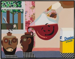 Derrick Adams Sweetening the Pot, 2024. Acrylic and fabric collage on wood panel, in artist’s frame, 28 ⅜ × 36 ⅜ × 2 ½ inches (72.1 × 92.4 × 6.4 cm) © Derrick Adams Studio
