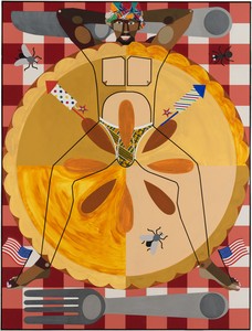 Derrick Adams Baked In, 2024. Acrylic and fabric collage on wood panel, in artist's frame, 96 ⅜ × 72 ⅜ × 2 ½ inches (244.8 × 183.8 × 6.4 cm) © Derrick Adams Studio