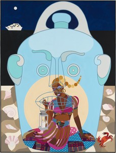 Derrick Adams Fantastic Voyage, 2024. Acrylic and fabric collage on wood panel, in artist’s frame, 96 ⅜ × 72 ⅜ × 2 ½ inches (244.8 × 183.8 × 6.4 cm) © Derrick Adams Studio