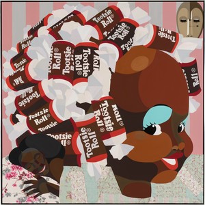 Derrick Adams Only Happy Thoughts, 2024. Acrylic and fabric collage on wood panel, in artist’s frame, 60 ⅜ × 60 ⅜ × 2 ½ inches (153.4 × 153.4 × 6.4 cm) © Derrick Adams Studio