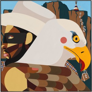 Derrick Adams Getting the Bag, 2024. Acrylic and fabric collage on wood panel, in artist’s frame, 60 ⅜ × 60 ⅜ × 2 ½ inches (153.4 × 153.4 × 6.4 cm) © Derrick Adams Studio