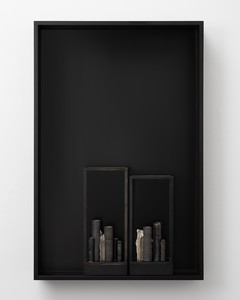 Edmund de Waal at this moment, 2025. Porcelain, silver, steel, Corian, Perspex, plexiglass, aluminum, and glass, 46 ⅞ × 30 ¾ × 5 ⅜ inches (119 × 78 × 13.5 cm) © Edmund de Waal. Photo: Alzbeta Jaresova
