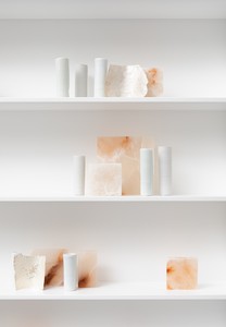 Edmund de Waal as if even now you were sleeping, 2025 (detail). Porcelain, silver, alabaster, marble, wood, aluminum, and glass, in 3 parts, overall: 86 ⅝ × 108 ¾ × 7 ⅞ inches (220 × 276 × 20 cm) © Edmund de Waal. Photo: Alzbeta Jaresova