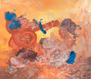 Jeff Koons Swiss Landscape, 2018–25. Oil on canvas with aluminum leaf, 90 × 104 ¼ inches (228.6 × 264.8 cm)