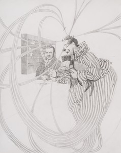 Jim Shaw Study for “The Message”, 2024. Pencil on paper, 24 × 19 inches (61 × 48.3 cm) © Jim Shaw. Photo: Ed Mumford