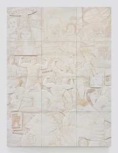 Lauren Halsey Untitled, 2025. Polymer-modified gypsum and stain on wood, 94 ⅛ × 70 ¾ × 2 ¾ inches (239.1 × 179.7 × 7 cm) © Lauren Halsey. Photo: Allen Chen