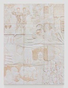 Lauren Halsey Untitled, 2025. Polymer-modified gypsum and stain on wood, 94 ⅜ × 70 ¾ × 2 ¾ inches (239.7 × 179.7 × 7 cm) © Lauren Halsey. Photo: Allen Chen