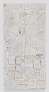 Lauren Halsey Untitled, 2025. Polymer-modified gypsum and stain on wood, 94 ¼ × 47 × 2 ⅝ inches (239.4 × 119.4 × 6.7 cm) © Lauren Halsey. Photo: Allen Chen