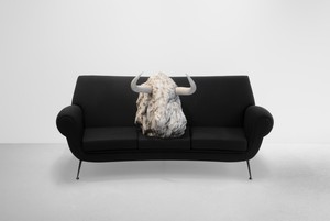 Maurizio Cattelan Notre Dame, 2025. Carrara marble and fabric sofa, 39 ⅜ × 77 ¾ × 31 ⅞ inches (100 × 197.4 × 81 cm), edition of 3 + 2 AP © Maurizio Cattelan. Photo: Zeno Zotti
