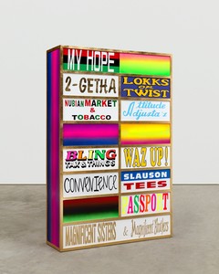 Lauren Halsey Untitled, 2025. Gold leaf on steel and hand painted board, 50 ¼ × 22 × 9 ⅜ inches (127.6 × 55.9 × 23.8 cm) © Lauren Halsey. Photo: Allen Chen