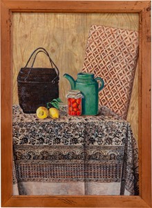 Setsuko Nature morte sur tissus indiens, 1993. Gouache on canvas, framed: 44 ⅜ × 32 ½ × 2 inches (112.5 × 82.5 × 5.1 cm) © Setsuko. Photo: Zarko Vijatovic