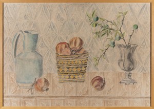 Setsuko Nature morte avec branches de kumquat, c. 1960. Watercolor and gouache on paper, framed: 28 ⅝ × 40 ⅜ × 1 inches (72.5 × 102.5 × 2.5 cm) © Setsuko. Photo: Julien Gremaud