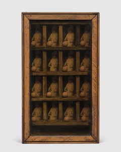 Joseph Cornell Flemish Princess, c. 1950. Wood, printed paper, wood balls, cork, and tinted glass-paned wood box construction, 17 ⅜ × 10 ¼ × 2 ⅝ inches (44.1 × 26 × 6.7 cm) © 2025 The Joseph and Robert Cornell Memorial Foundation/Licensed by VAGA at Artists Rights Society (ARS), New York