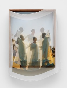 Tyler Mitchell Convivial Conversation, 2024. Dye-sublimation prints on fabric with walnut artist’s frame, 64 ½ × 47 ½ × 4 inches (163.8 × 120.7 × 10.2 cm) © Tyler Mitchell