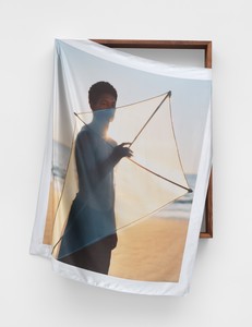 Tyler Mitchell The sky is cold but the wing blood hot, 2024. Dye-sublimation print on fabric with walnut artist’s frame, 62 × 44 ¼ × 4 inches (157.5 × 112.4 × 10.2 cm) © Tyler Mitchell