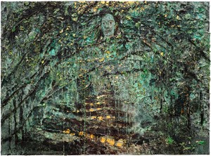 Anselm Kiefer Dryope, 2025. Emulsion, oil, acrylic, shellac, gold leaf, sediment of electrolysis, and canvas collage on canvas, 110 ¼ × 149 ⅝ inches (280 × 380 cm) © Anselm Kiefer. Photo: Nina Slavcheva