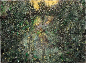 Anselm Kiefer Klytia und Leukothoe (Clytie and Leucothoe), 2025. Emulsion, oil, acrylic, shellac, gold leaf, sediment of electrolysis, and canvas collage on canvas, 110 ¼ × 149 ⅝ inches (280 × 380 cm) © Anselm Kiefer. Photo: Nina Slavcheva