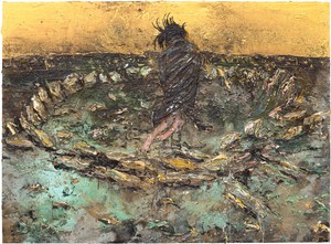 Anselm Kiefer Tyche, 2024. Emulsion, oil, acrylic, shellac, gold leaf, sediment of electrolysis, charcoal, and canvas collage on canvas, 110 ¼ × 149 ⅝ inches (280 × 380 cm) © Anselm Kiefer. Photo: Nina Slavcheva