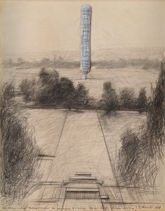Christo 5,600 Cubic Meter Package (Project for documenta IV, Kassel), 1968. Graphite, wax crayon, enamel paint, cardboard, fabric, and thread on cardboard, 28 × 22 inches (71.1 × 55.9 cm) © Christo and Jeanne-Claude Foundation. Photo: Prudence Cuming Associates Ltd