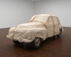 Christo Wrapped Automobile—Volvo, Model PV-544, 1981. Volvo PV544, fabric, and rope, 60 × 61 × 171 inches (152.4 × 154.9 × 434.3 cm) © Christo and Jeanne-Claude Foundation. Photo: Prudence Cuming Associates Ltd