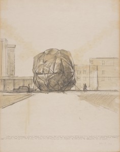 Christo 42,390 Cubic Feet Empaquetage (Project for Minneapolis School of Art and Walker Art Center, Minneapolis), 1966. Graphite and wash on paper, 28 × 22 inches (71.1 × 55.9 cm) © Christo and Jeanne-Claude Foundation. Photo: Prudence Cuming Associates Ltd