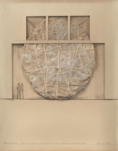 Christo Air Package (Project for Institute of Contemporary Art, University of Philadelphia), 1968. Graphite, wax crayon, cardboard, textured polyethylene, thread, and staples on cardboard, 28 × 22 inches (71.1 × 55.9 cm) © Christo and Jeanne-Claude Foundation. Photo: Prudence Cuming Associates Ltd
