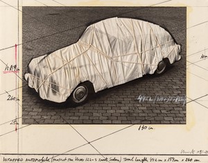 Christo Wrapped Automobile (Project for Volvo 122 S Sport Sedan), 1981–84. Graphite, charcoal, wax crayon, photostat, cardboard, fabric, and twine on paper, 22 × 28 inches (55.9 × 71.1 cm) © Christo and Jeanne-Claude Foundation. Photo: Prudence Cuming Associates Ltd