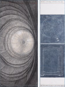 Christo The Big Air Package (Project for Gasometer, Oberhausen, Germany), 2012. Graphite, charcoal, pastel, wax crayon, wash, and architectural surveys on paper, in 2 parts, left: 96 × 42 inches (243.8 × 106.7 cm); right: 96 × 28 inches (243.8 × 71.1 cm) © Christo and Jeanne-Claude Foundation. Photo: Prudence Cuming Associates Ltd