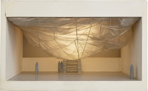 Christo and Jeanne-Claude Air Package on a Ceiling (Project for the Institute of Contemporary Art, University of Pennsylvania, Philadelphia), 1968. Wood, paint, polyethylene, Mylar, twine, screws, and electric light, 17 × 27 ½ × 27 ⅛ inches (43.2 × 69.9 × 68.9 cm) © Christo and Jeanne-Claude Foundation. Photo: Prudence Cuming Associates Ltd